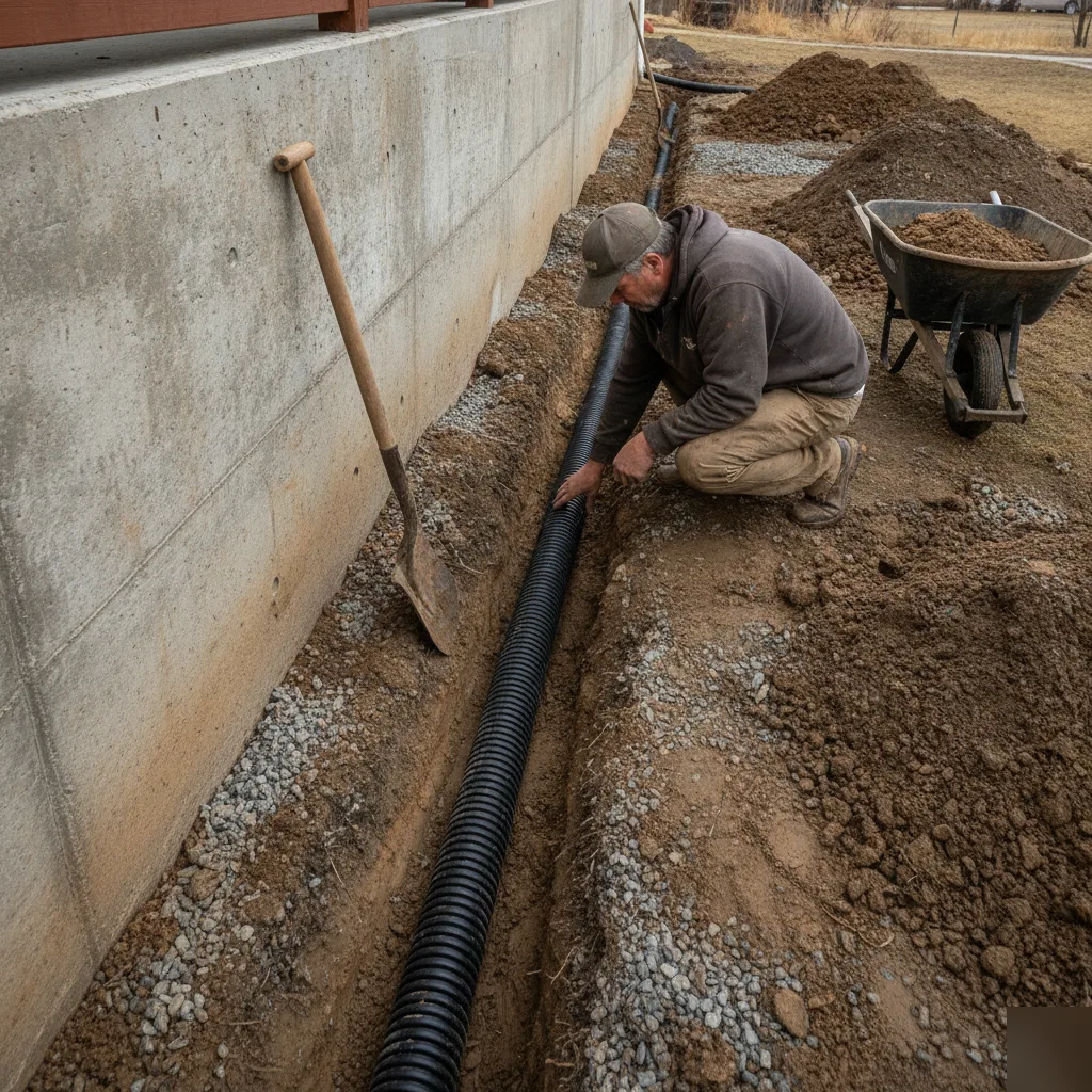 Contractor installing French drain at Denver walkout basement entry grading